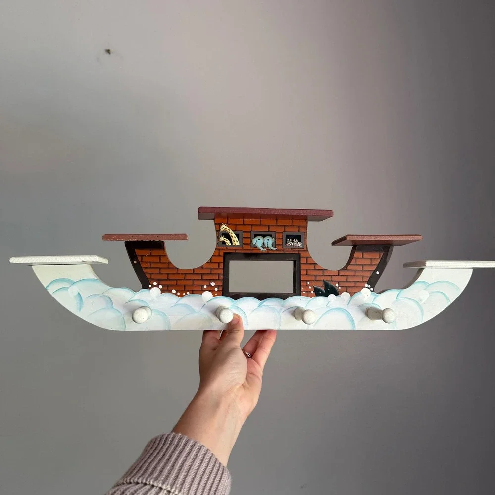 Vintage Noahs Ark Wooden Wall Shelf Coat Rack Nursery Decor Animals 21 Inch